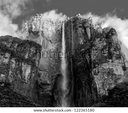 The panorama of the Angel Falls ( Salto Angel ) is worlds highest waterfalls (978 m), Venezuela (black and white)