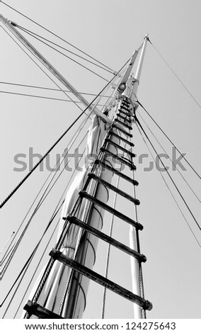 Gear old sailing ship on the background of an blue sky - Turku, Finland (black and white)