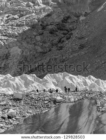 View of the place of the spring Everest Base Camp (EBC) on Khumbu glacier near - Nepal, Himalayas (black and white)