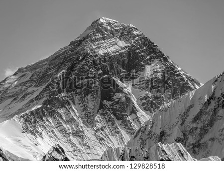 Three highest peak of the world Mt. Everest (8848 m). View from Gokyo Ri - Nepal, Himalayas (black and white)