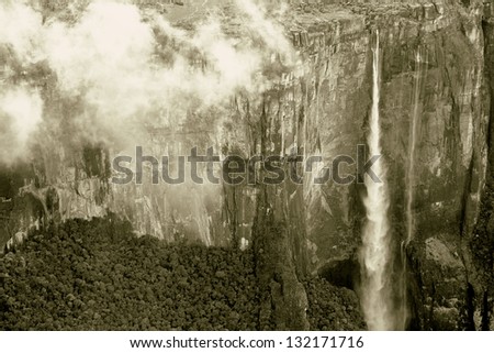 The view from the plane of the Angel Falls ( Salto Angel ) is worlds highest waterfalls (978 m) - Venezuela, Latin America (stylized retro)