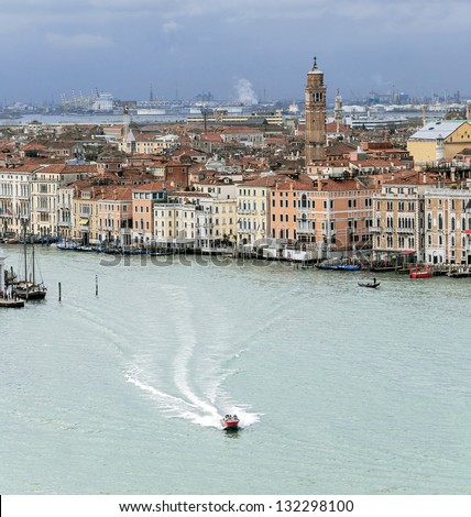 Venice in the bad weather (view from the bell tower of the Saint Giorgio Maggiore Church), Italy