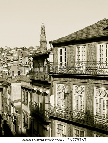 The house faced with azulejos in the old quarter of Ribeira - Porto, Portugal (stylized retro)
