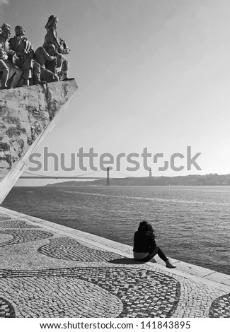 The Monument to the Discoveries in Lisbon (Padrao dos Descobrimentos), Portugal (black and white)