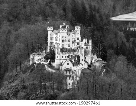 Hohenschwangau castle in the Bavarian Alps - Tirol, Germany (view from Neuschwanstein castle) (black and white)