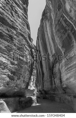 Colored walls in the canyon of the Sig (Kings Way) - narrow passage to ancient city Petra, Jordan (black and white)