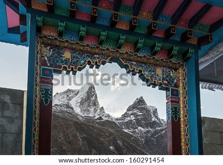 Buddhist religious symbol (gate) at the entrance to Periche village - Nepal, Himalayas