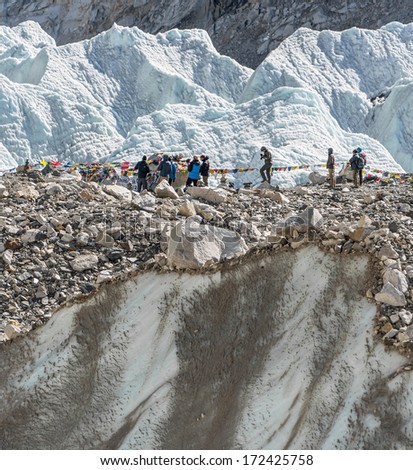 View of the place of the spring Everest Base Camp (EBC) on Khumbu glacier near - Nepal