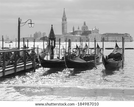 The bell tower of the Saint Giorgio Maggiore Church (view from San Marco embankment) - Venice, Italy (black and white)