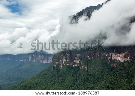 Tepyi covered with clouds in the Canaima national park - Venezuela, South America