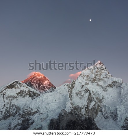 Mt. Everest (8848 m) and Nuptse (7864 m) peaks in the last light of the Sun - Nepal, Himalayas