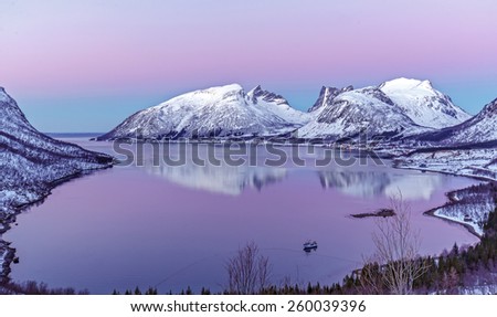 Panorama of the beautiful fjord on Senja island at sunset, Troms county - Norway