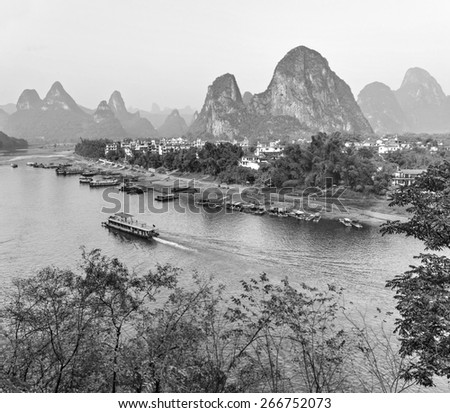 Beautiful karst mountains and the Li River. View from the hill above town of the Hingping - China (black and white)