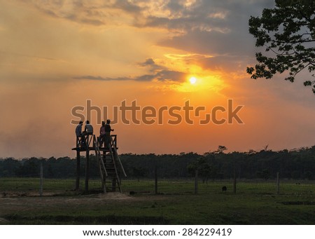 The mahout awaiting the return of tourists from the tour at sunset in the Royal Chitwan National Park - Terai, Nepal