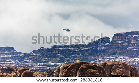 The helicopter above the plateau Roraima tepui - Venezuela, Latin America