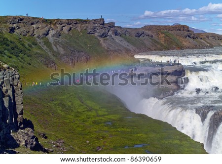 Gullfoss (Golden falls) waterfall and rainbow in Iceland