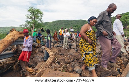 MANYARA, TANZANIA - NOVEMBER 28: The catastrophic debris flow destroyed a road between national parks Manyara and Ngorongoro. Car traffic was restored on the same day, on November 28, 2011 in Tanzania