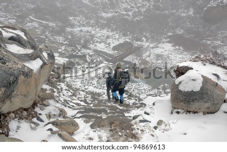 Tourists on the way to Thokla in bad weather - Mt. Everest region, Nepal