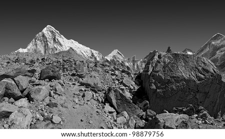 View of the Mt. Everest region near Gorak Shep (black and white) - Nepal