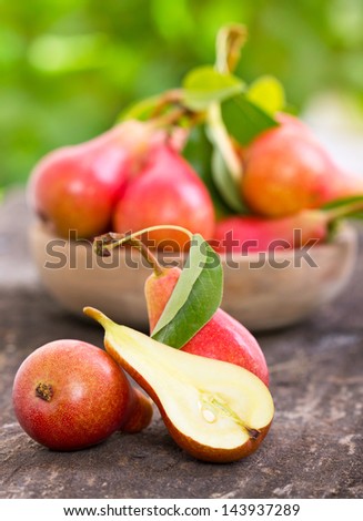 Fresh organic pears on the wooden table