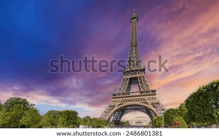 Similar – Image, Stock Photo Under the Eiffel Tower .  With light and shadow . Above me the Great Steel Frame . In the background a skyscraper and many trees.