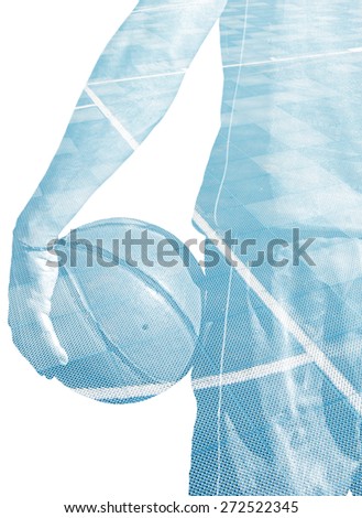 backview of a basketball player holding the ball and a basketball field in double exposure effect