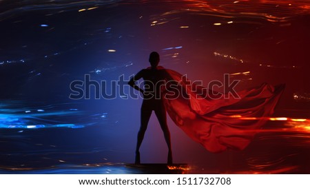 Abstract silhouette portrait of young hero woman with super person red cape guard night city Foto d'archivio © 