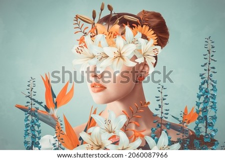 Photo of Abstract contemporary art collage portrait of young woman with flowers on face hides her eyes