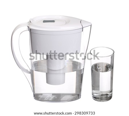 water filter jug with glass of clean water isolated on white background