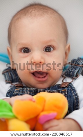 Close up of a six months old baby boy making funny faces.