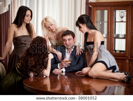 Four pretty women seduce ? one man in a room