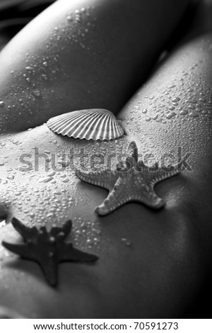 Naked girl with wet skin and starfishes and shell on the body. Contrast BW image