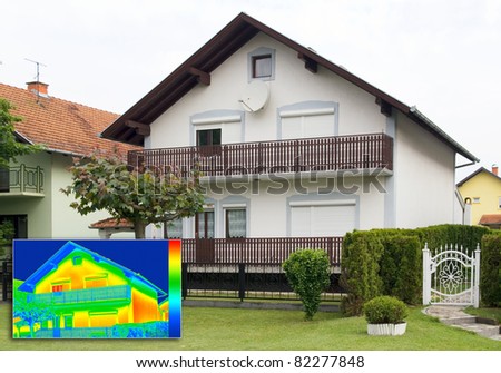 House with Infrared thermovision image showing lack of thermal insulation