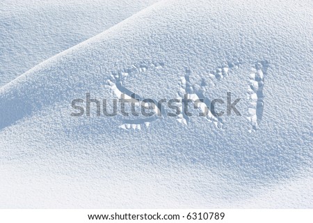 SKI on Fresh Snow writing text on sunny day