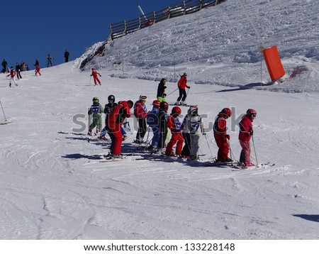 AVORIAZ, FRANCE - MAR 3 - French children form ski school groups during the annual winter school holiday on Mar 3, 2013 in Avoriaz, France.
