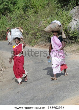 ORISSA INDIA - Nov 11 - Women carry goods on their heads for  weekly market  in Orissa, India