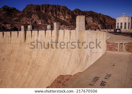 HOOVER DAM, ARIZONA - OCT 4, 2013 - Face of Hoover Dam, Lake Mead and the Colorado River  on the border of Arizona and Nevada