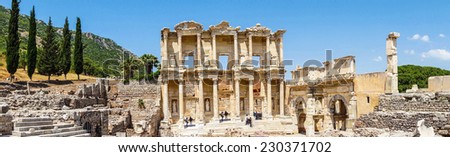 EPHESUS, TURKEY - MAY 25, 2014 - Tourists explore the Library of Celsus  Ephesus, Turkey