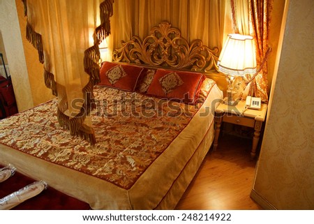 ISTANBUL, TURKEY - MAY 17, 2014 -Canopied bed in Hotel Albatross,  in Istanbul, Turkey
