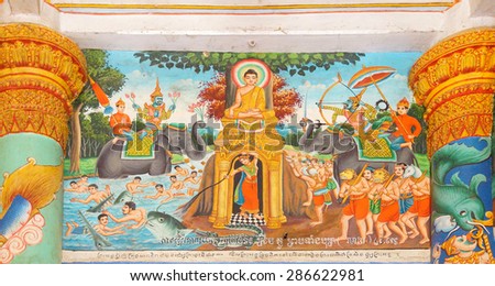 WAT NOKOR, CAMBODIA - FEB 9, 2015 - Scenes from Buddha\'s life adorn the walls of a temple at Wat Nokor, Wat Nokor, 8th century,  Cambodia