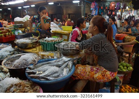 SIEM REAP, CAMBODIA - FEB 16, 2015 - Woman selling fish  in the market of  Siem Reap,  Cambodia