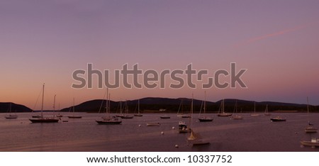 Sunset panorama, Boats at anchor,	in harbor,		Mount Desert Island, Acadia National park, Maine, New England