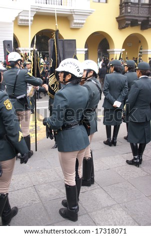 LIMA, PERU - 30 AUG 2008: Unidentified female transit police at a parade on August 30, 2008 in Lima,	Peru, South America