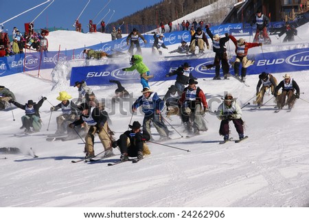 STEAMBOAT SPRINGS, COLORADO - JANUARY 20:  Starting line of skiing cowboys competing at the Cowboy Downhill  skiing event in Steamboat Springs Colorado on January 20, 2009.