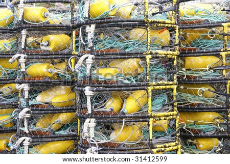 Yellow crab floats,d crab traps, drying on wharf,  Newport, Oregon Coast