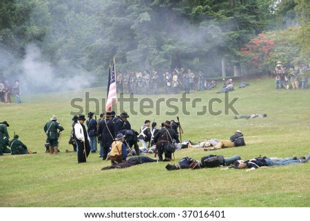 PORT GAMBLE, WA - JUNE 20 : Union infantry hold their line as casualties increase during a mock Civil War battle June 20, 2009 in Port Gamble, WA.