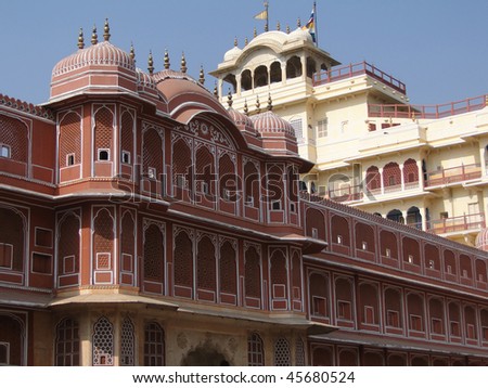 Pink walled inner buildings of  City Palace of  Jaipur, Rajasthan,  India