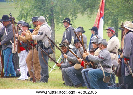 PORT GAMBLE, WA - JUN 20:   Confederate infantry line holds its position during a mock Civil War battle  on Jun 20, 2009 in Port Gamble WA