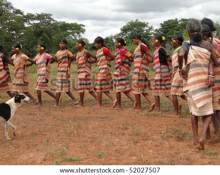ORISSA,  INDIA - Nov 12 -Tribal women link arms for Gdaba harvest dance on Nov 12, 2009, in Lamptaput, Orissa, India