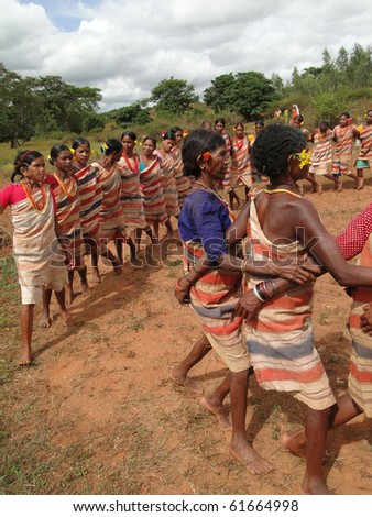 ORISSA,  INDIA - NOV 12:Tribal women link arms for Gdaba harvest dance on Nov 12, 2009, in Lamptaput, Orissa, India